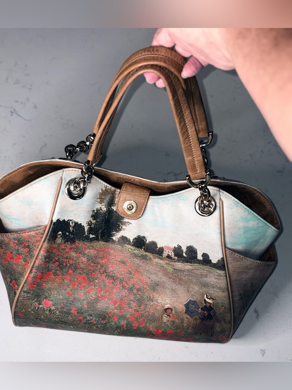 Icon Los Angeles Vintage Leather Tote Bag Claude Monet Poppy Field Art Handbag